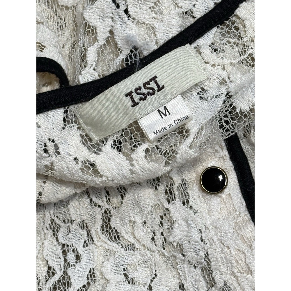 ISSI Cream Lace Black Trim Button Front Cardigan Sweater Women's‎ M - Picture 7 of 11